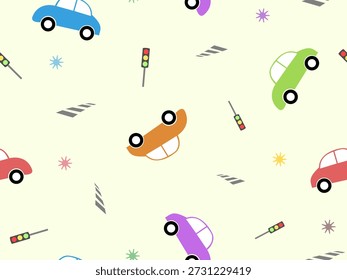 Cute children's seamless pattern with mini cars on a white background Illustration of a town in a cartoon style for Wallpaper, fabric, and textile design Vector