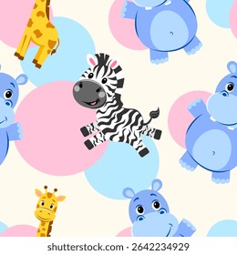 Cute children's seamless pattern in pastel colors zebra hippopotamus giraffe on a soft yellow background Vector