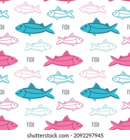 cute children's seamless pattern with pink and blue fish and lettering