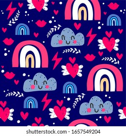 Cute children's seamless pattern, rainbow, clouds, hearts with wings, baby Mat, fabric ornament