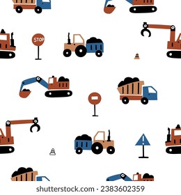 Cute children's seamless pattern with road signs and concept print with vehicles for kids room design, Wallpaper, textiles, apparel. Vector in Scandinavian style. Simple modern design. EPS 10