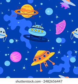 Cute children's seamless pattern space starships flying saucers planets on dark blue space background multicolored children's pattern in cartoon style Vector