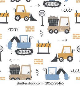 Cute children's seamless pattern with trucks and diggers in Scandinavian style on a white background. Building equipment. Funny construction transport Digital paper