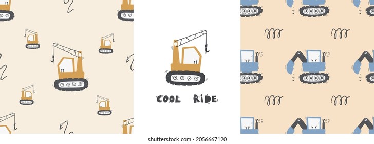 Cute children's seamless pattern with trucks and diggers in Scandinavian style on a white background. Building equipment. Funny construction transport Digital paper