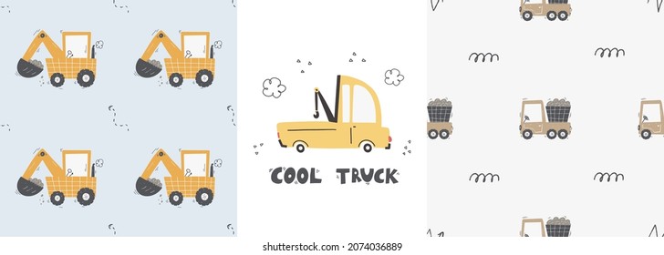 Cute children's seamless pattern with trucks and diggers in Scandinavian style on a white background. Building equipment. Funny construction transport Digital paper