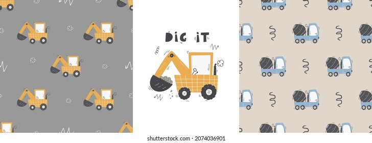 Cute children's seamless pattern with trucks and diggers in Scandinavian style on a white background. Building equipment. Funny construction transport Digital paper