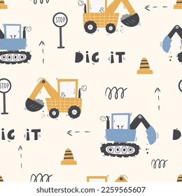 Cute children's seamless pattern with trucks and diggers in Scandinavian style on a white background. Building equipment. Funny construction transport