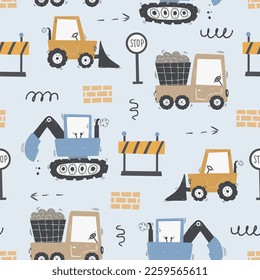 Cute children's seamless pattern with trucks and diggers in Scandinavian style on a white background. Building equipment. Funny construction transport