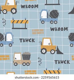 Cute children's seamless pattern with trucks and diggers in Scandinavian style on a white background. Building equipment. Funny construction transport