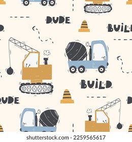 Cute children's seamless pattern with trucks and diggers in Scandinavian style on a white background. Building equipment. Funny construction transport