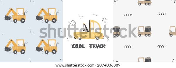 Cute children\'s seamless pattern\
with trucks and diggers in Scandinavian style on a white\
background. Building equipment. Funny construction transport\
Digital paper