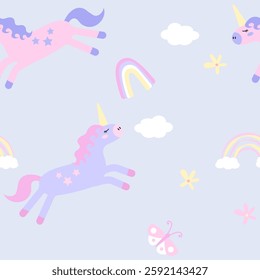 Cute children's seamless pattern with unicorn, rainbow, flowers. Hand drawn vector in doodle style. For children's print, pattern, greeting cards, poster, clothing, textiles, rooms.