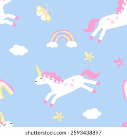 Cute children's seamless pattern with unicorn, rainbow, flowers. Hand drawn vector in doodle style. For children's print, pattern, greeting cards, poster, clothing, textiles, rooms.