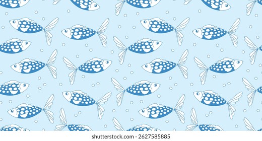 Cute children's seamless pattern. Vector illustration with hand-drawn fish. Pattern for textile design, wrapping paper, menu and printing, interior design. Calm soft blue and white colors.