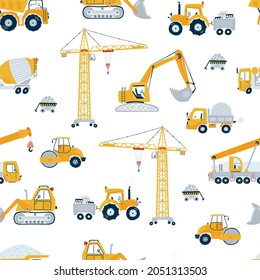 Cute children's seamless pattern with yellow car dump truck, crane on white background. Illustration construction site in cartoon style for wallpaper, fabric, and textile design. Vector