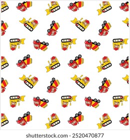 Cute children's seamless pattern with yellow car dump truck, crane, road, signs on white background. Illustration construction site in cartoon style for wallpaper, fabric, and textile design