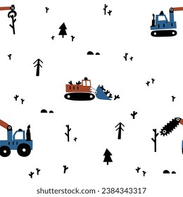 Cute children's seamless patterns with with bulldozer for kids room design, Wallpaper, textiles, wrapping paper, apparel. Vector in Scandinavian style. Simple modern design.