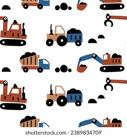 Cute children's seamless patterns with bulldozer, claw tractor and auto truck for kids room design, Wallpaper, textiles, wrapping paper, apparel. Vector in Scandinavian style. Simple modern design.