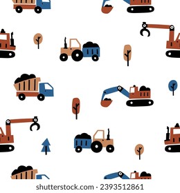 Cute children's seamless patterns with bulldozer, tractor, claw tractor an truck for kids room design, Wallpaper, textiles, wrapping paper, apparel. Vector in Scandinavian style. Simple modern design.