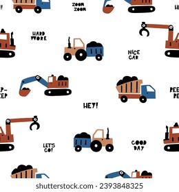 Cuidar los patrones sin costura de los niños con bulldozer, tractor, tractor de claw y camión para el diseño de habitación para niños, Papel tapiz, textiles, papel de envoltura, ropa. Vector al estilo escandinavo. Diseño sencillo y moderno.