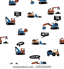 Cute children's seamless patterns with bulldozer, tractor, claw tractor an truck for kids room design, Wallpaper, textiles, wrapping paper, apparel. Vector in Scandinavian style. Simple modern design.