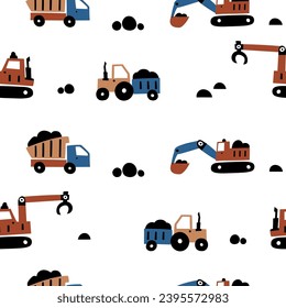Cute children's seamless patterns with bulldozer, tractor, claw tractor an truck for kids room design, Wallpaper, textiles, wrapping paper, apparel. Vector in Scandinavian style. Simple modern design.