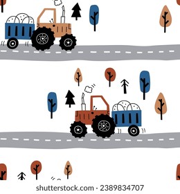 Cute children's seamless patterns with tractor on route for kids room design, Wallpaper, textiles, wrapping paper, apparel. Vector in Scandinavian style. Simple modern design.