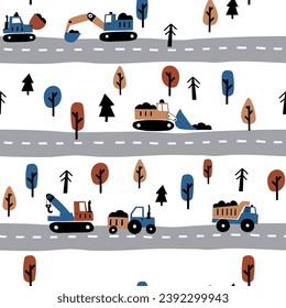 Cute children's seamless patterns with tractor on route for kids room design, Wallpaper, textiles, wrapping paper, apparel. Vector in Scandinavian style. Simple modern design.