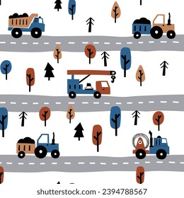 Cute children's seamless patterns with tractor and truck on route for kids room design, Wallpaper, textiles, wrapping paper, apparel. Vector in Scandinavian style. Simple modern design. EPS 10