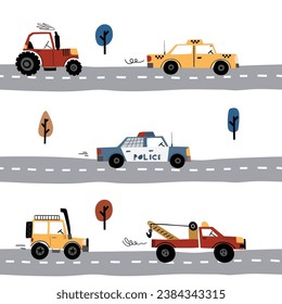 Cute children's seamless patterns with vehicles tractor, police car, taxi for kids room design, Wallpaper, textiles, wrapping paper, apparel. Vector in Scandinavian style. Simple modern design.