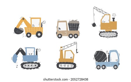 Cute children's set trucks and diggers in Scandinavian style on a white background. Building equipment. Funny construction transport.