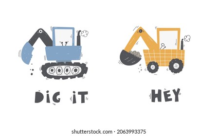 Cute children's set trucks and diggers in Scandinavian style on a white background. Building equipment. Funny construction transport.