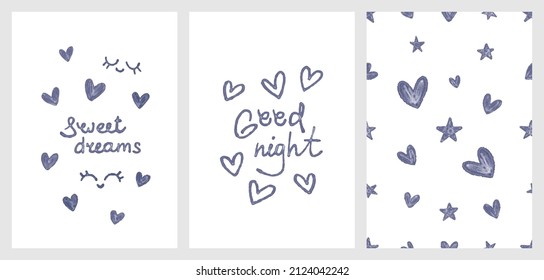 Cute children's set of vertical vector posters. Illustrations with inscriptions for kids and not only on the topic of love and sleep. Universal background, postcard, gift, print for wrappers, textiles