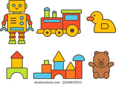 Cute Children's Toy Illustration Set, Vector Icon, Doll, Block, Robot for Kindergarten Children