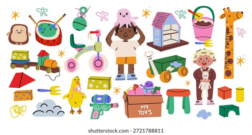 Vetor de brinquedo de crianças bonitos doodle elementos. Blocos de construção, bicicleta, brinquedos macios, casa de bonecas, pistola de água. Temas da infância. Elementos de brinquedos de desenhos animados para crianças pequenas e atividade de playground