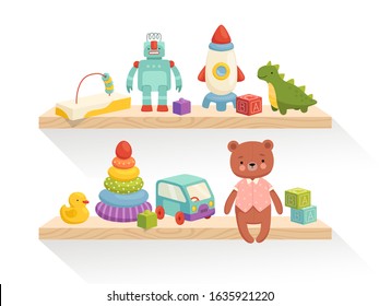 Cute Children's Toys Are On The Shelves. Part Of The Interior Of A Children's Room Or Toy Store