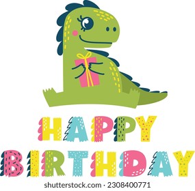 Cute children's vector illustration. Birthday inscription in the style of dinosaurs. Cute raptor holds a gift 