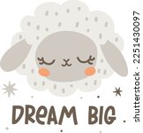 Cute children's vector illustration. Sleeping sheep and lettering big dreams, stars. print for children's products 