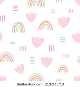 Cute children's vector pattern in Scandinavian style. Pastel print with rainbows, hearts and stripes on a white background in watercolor style. For kids, textiles, decor, cover, postcards, background