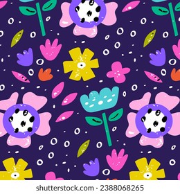 Cute children's vector seamless pattern with flowers, leaves and plants. For nursery, clothes, fabric
