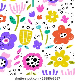 Cute children's vector seamless pattern with flowers, leaves and plants. For nursery, clothes, fabric