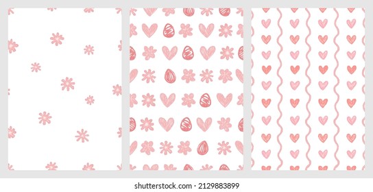 Cute children's vector set of patterns on the theme of spring, holiday, Easter. Seamless prints in watercolor style for children, toddlers, textiles, decor, interior, wrappers, postcards, greetings
