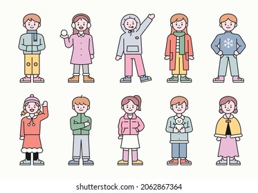 Cuidada colección de moda de invierno para niños. ilustración vectorial de estilo de diseño plano.