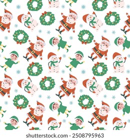 Cute childrens xmas and Happy New Year pattern for wrapping paper, christmas paper, greeting cards. Fairy characters and animals or decorative xmas elements endless background. Flat illustration.