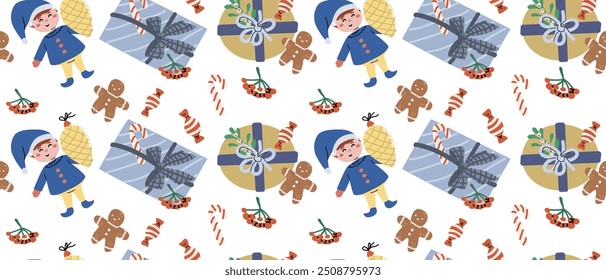 Cute childrens xmas and Happy New Year pattern for wrapping paper, christmas paper, greeting cards. Fairy characters and animals or decorative xmas elements endless background. Flat illustration.