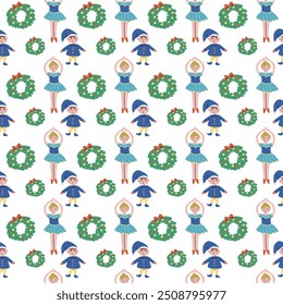 Cute childrens xmas and Happy New Year pattern for wrapping paper, christmas paper, greeting cards. Fairy characters and animals or decorative xmas elements endless background. Flat illustration.