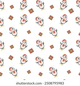 Cute childrens xmas and Happy New Year pattern for wrapping paper, christmas paper, greeting cards. Fairy characters and animals or decorative xmas elements endless background. Flat illustration.