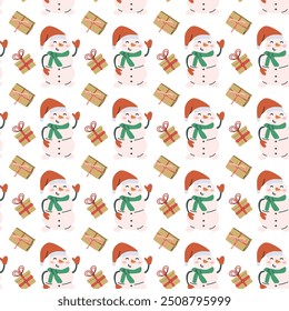 Cute childrens xmas and Happy New Year pattern for wrapping paper, christmas paper, greeting cards. Fairy characters and animals or decorative xmas elements endless background. Flat illustration.