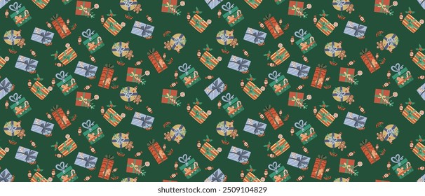 Cute childrens xmas and Happy New Year pattern for wrapping paper, christmas paper, greeting cards. Fairy characters and animals or decorative xmas elements endless background. Flat illustration.