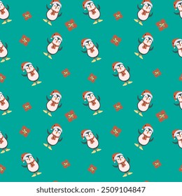Cute childrens xmas and Happy New Year pattern for wrapping paper, christmas paper, greeting cards. Fairy characters and animals or decorative xmas elements endless background. Flat illustration.